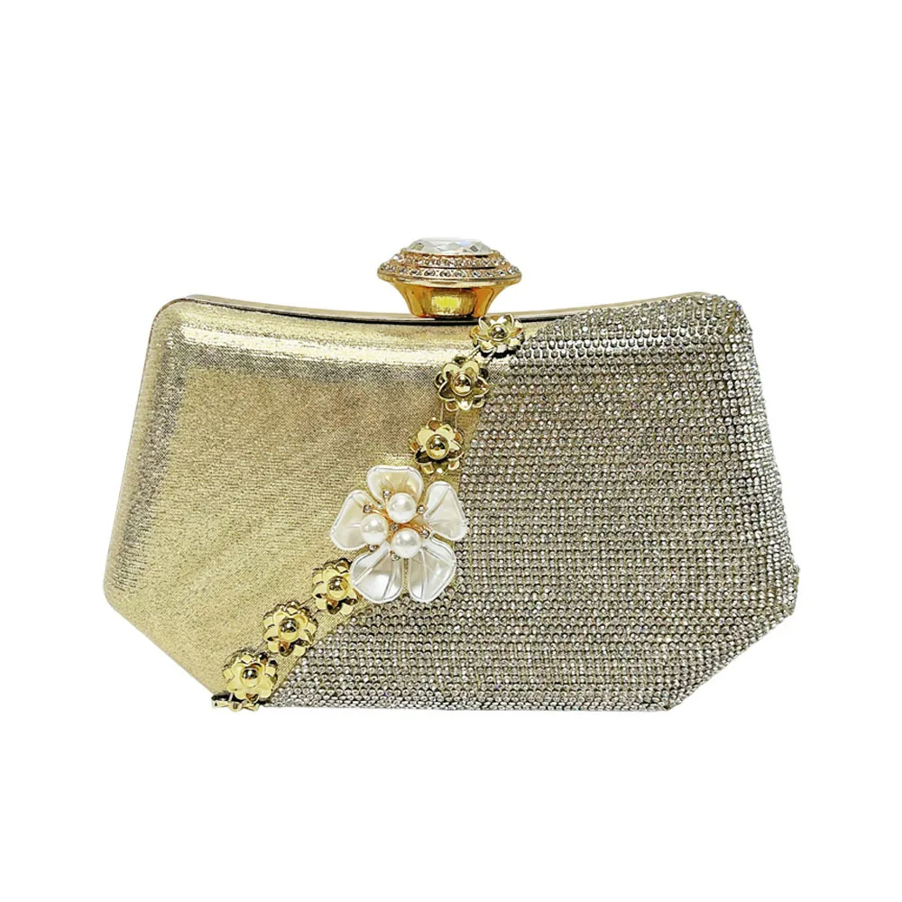 Gold Silver Two-tone Pearl Flower Gradient Rhinestone Trapezoid Lock Clutch Luxury Gentle Evening Bag Middle Aged Women Purse