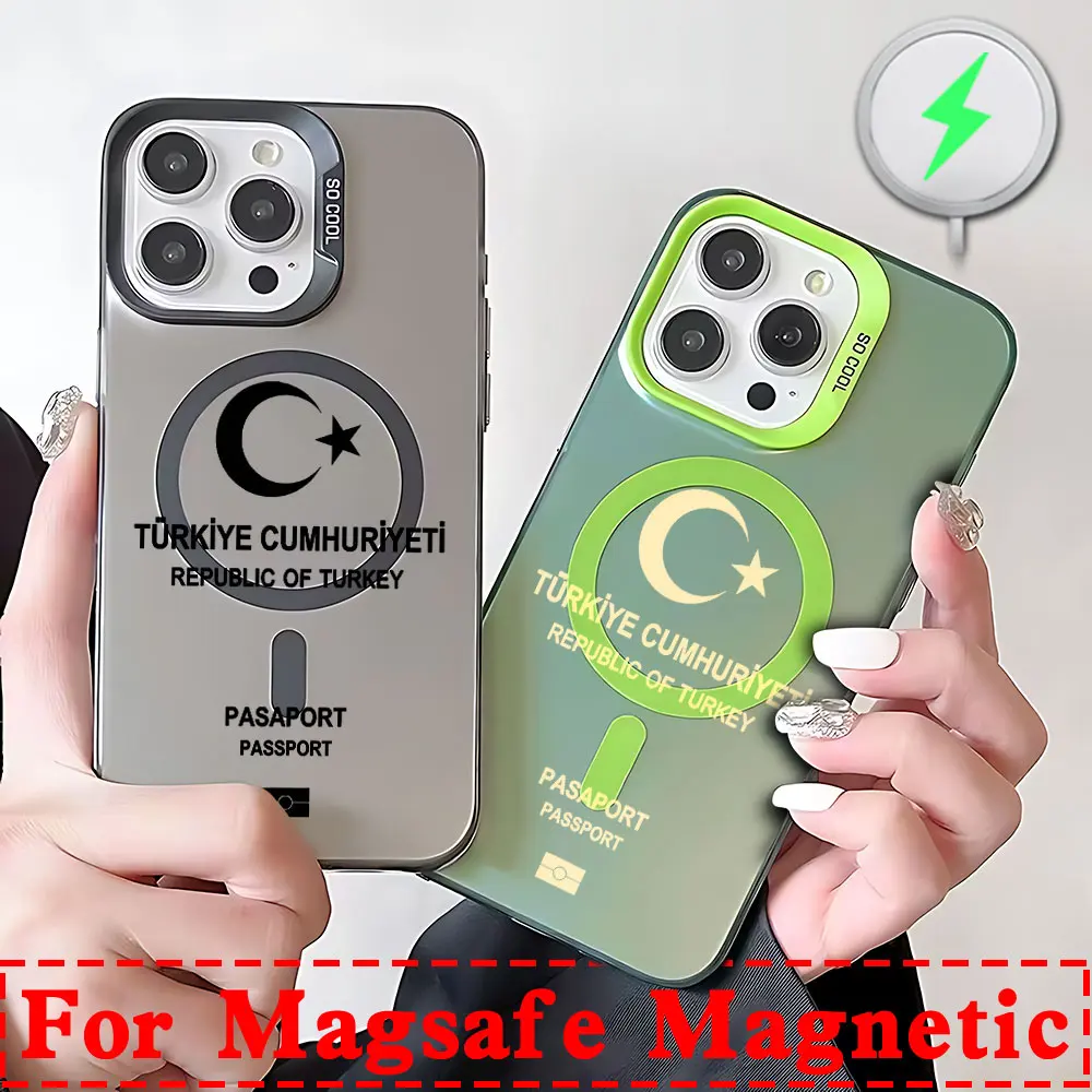 Turkey Passport Magsafe Magnetic Phone Case for IPhone 11 12 13 14 15 16 Pro Max Plus Creative Border Silver Plated Cover