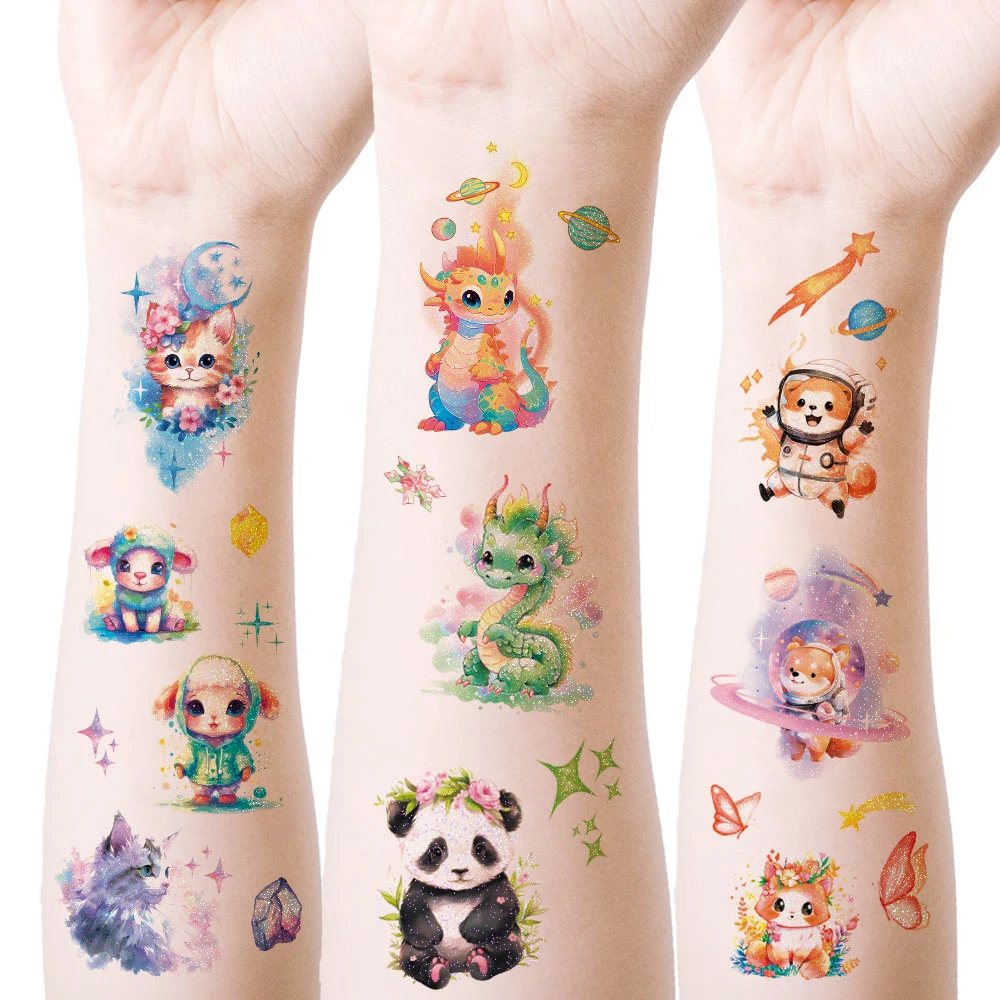 VeeCharm - Glitter Animal Temporary Tattoo Stickers for Kids Children: Safe, Waterproof, Child-friendly, Party Gifts, 1/18 Sheet