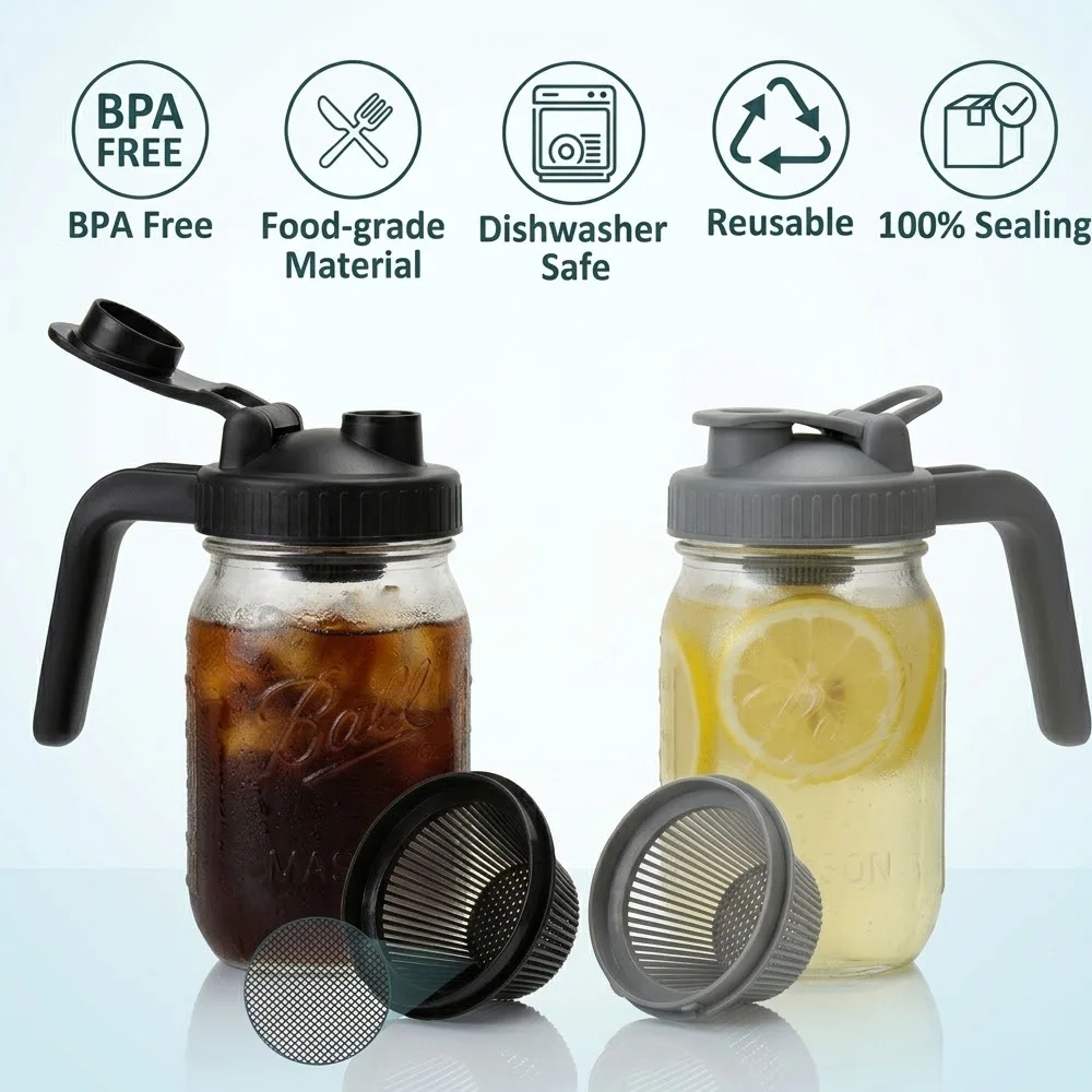 

2pcs Wide Mouth Mason Jar Lid with Handle & Flip Cap, Leakproof Airtight Seal with Filter for Cold Brew Tea Juice, BPA Free