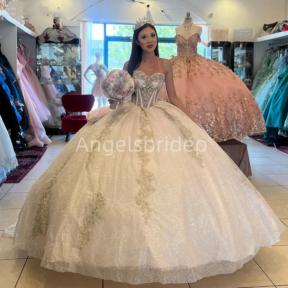 

Angelsbride Champagne Illusion Crystal Beading Ball Gown Quinceanera Dresses Off Shoulder Detachable Sleeves Vestidos De 15 Años