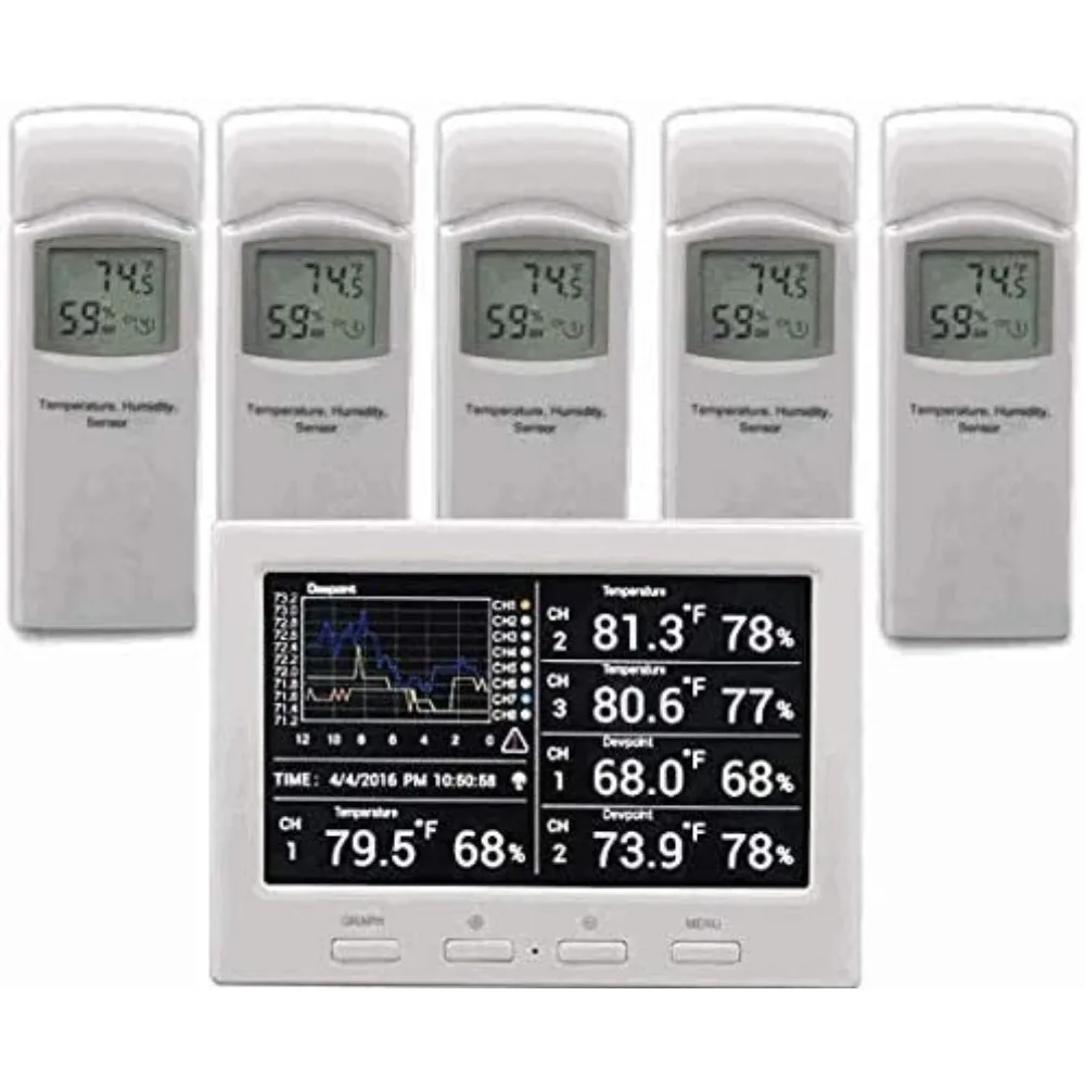 WS-3000-X5 Thermo-Hygrometer Wireless Monitor w/ 5 Remote Sensors - Logging, Graphing, Alarming, Radio Controlled Clock