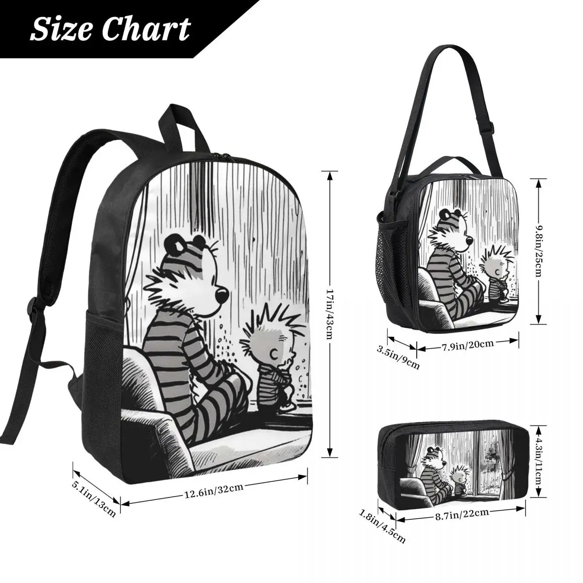 Calvin And Hobbs Dance Classic Backpack Boys Girls BookBag School Bag Computer Shoulder Bags 3ps Insulated Lunch Bag Pencil Case