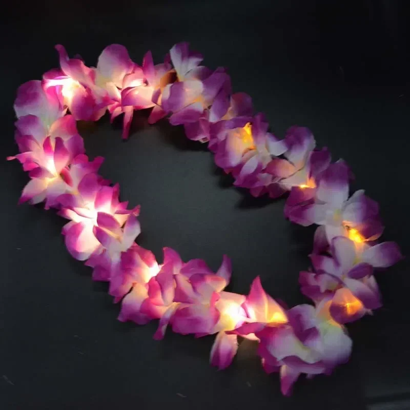 Women Girl Hawaii Light Up Flower Lei Necklace Hula Garland Wreath Wedding Hawaiian Costume Tropical Luau Glow Party Supplies