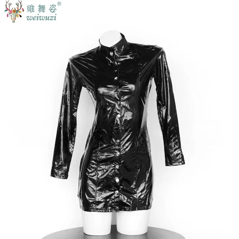 

Sexy Adult Women Plus Size Long Sleeve Bodysuit PU Leather Slim High Fork NightClub Rave Party Oil Shiny Stand Collar Mini Dress