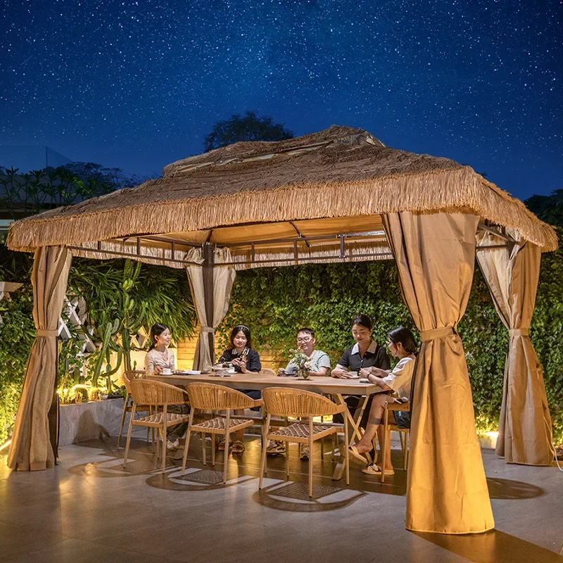 Pavilion Simulation Thatch Roof Metal Frame Outdoor Agritainment Waterproof UV Resistant