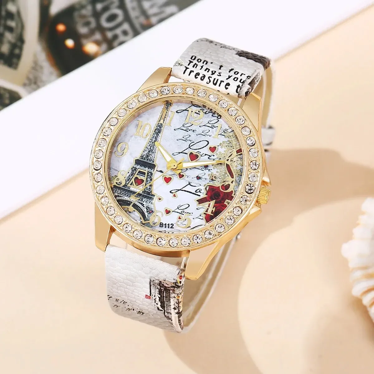 fashion women Quartz Wristwatches Trendy Rhinestone Eiffel Tower PU Leather Band Quartz Watch Birthday Christmas Gifts Reloj