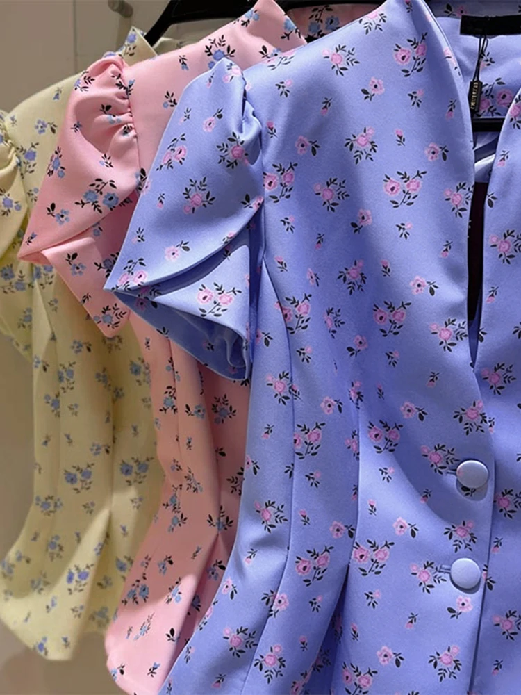 Bedruckte Kurzarm-Jacke mit Taillenschnürung für Damen, Eleganter Stehkragen, Einreihig mit Rüschen, Schlanke Passform, Neue Oberbekleidung – Detail 11
