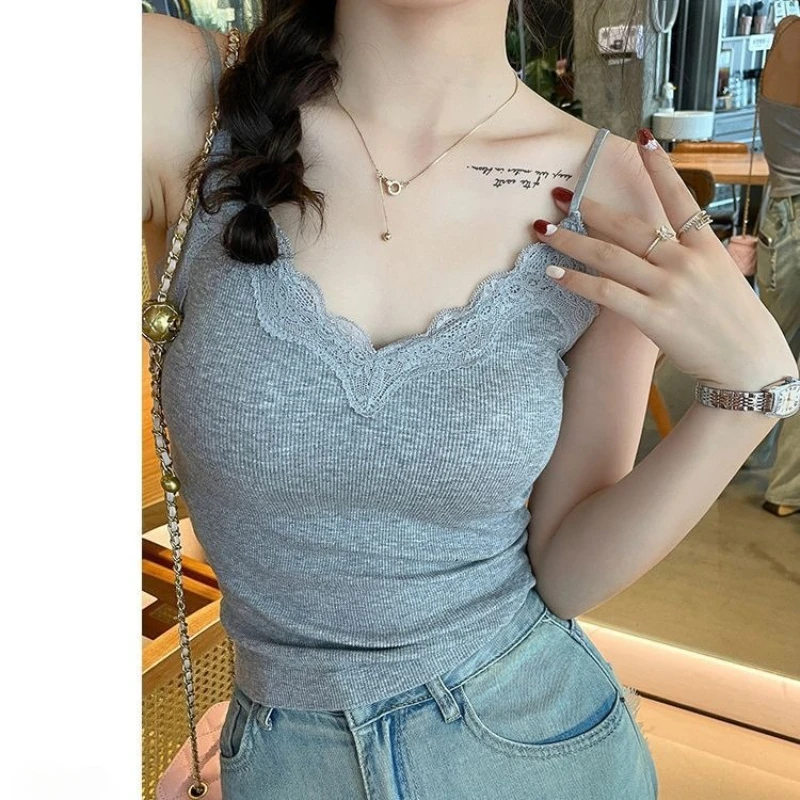 Women Sleeveless Tank Tops Solid Color Korean Version V Neck Slim Fashion Lace Stitching with Chest Pad Camisole Womens Tops
