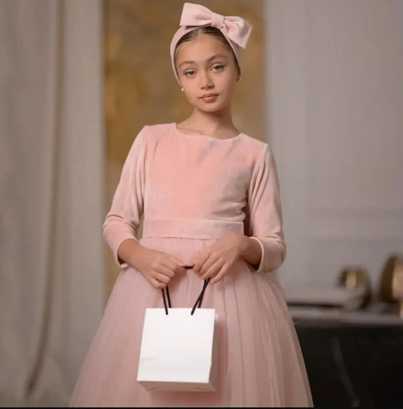 Customized Dusty Pink Flower Girl Dresses For Wedding Velvet 3/4 Sleeves With Bow Elegant Kids Formal Events Birthday Party Gown