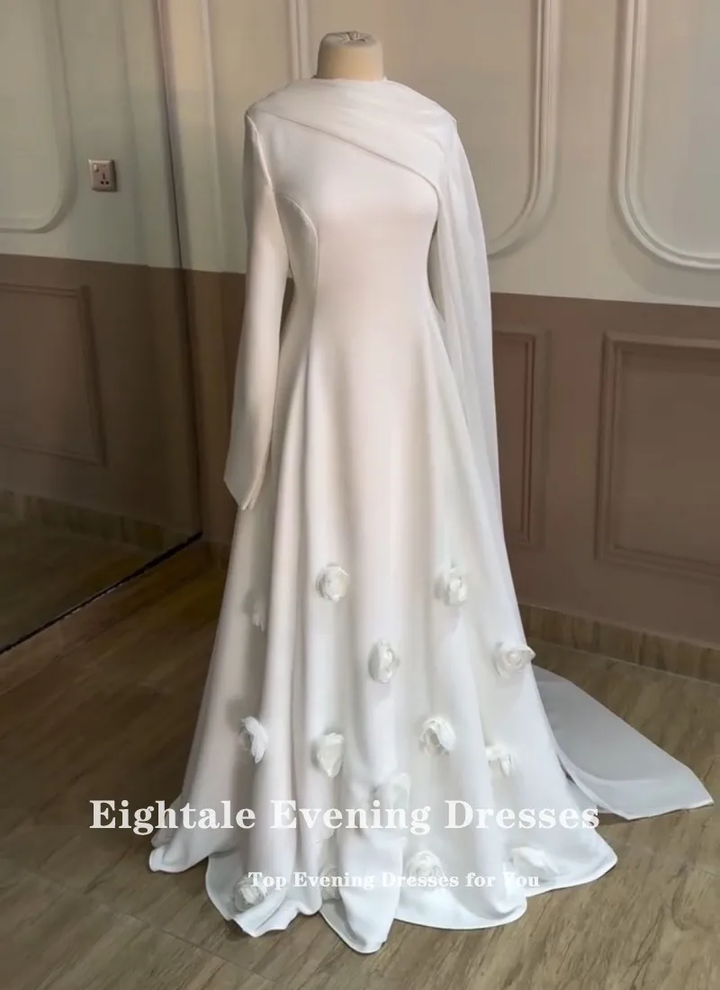 Eightale vestido de casamento árabe o pescoço personalizado marfim cetim vestido de noiva 3d flores a linha até o chão vestido de festa de noiva muçulmana