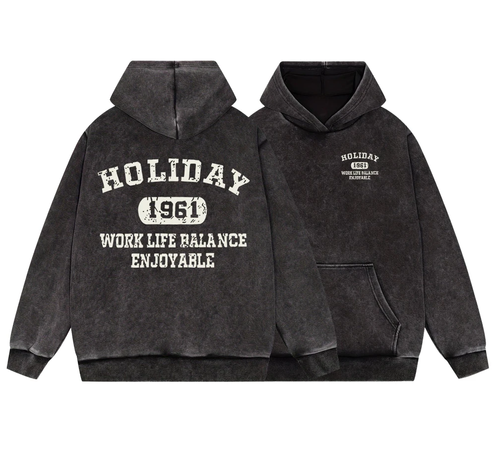 Holiday 1961 Work Life Belance Enjoyable Man Vintage Washed Cotton Hoodies Pullover Fashion Casual Autumn Loose Tops