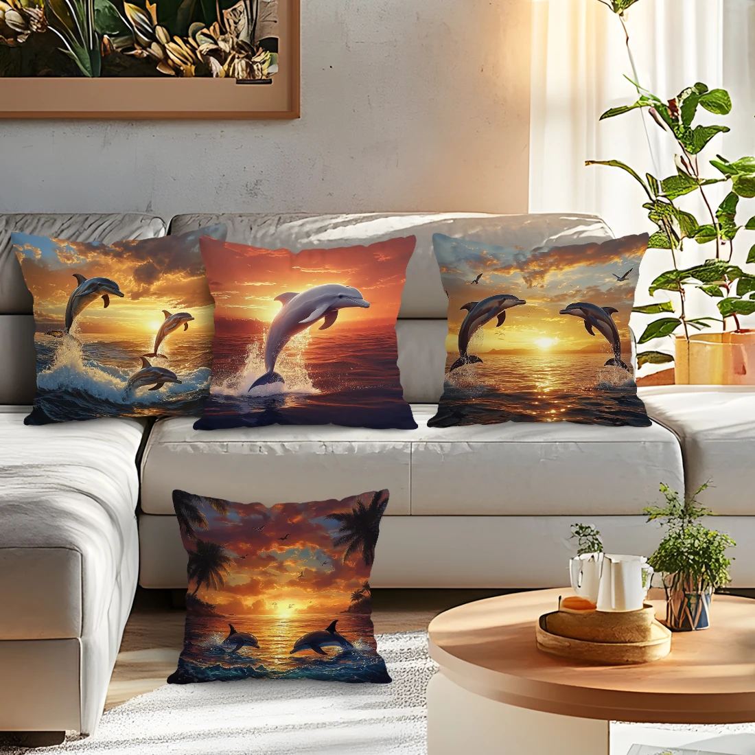 Dolphins And Sunset Cushion Pillowcase Printed Polyester 45x45cm Throw Pillowcover Decorative Sofa Cushion Pillowslip Home Decor