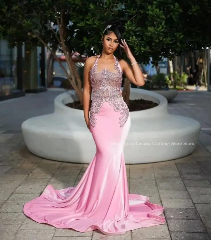 Sexy Satin Mermaid Prom Dress Exquisite Baby Pink Hanging Neck Diamante Beaded Applique Black Girls Queen Dresses birthday dress