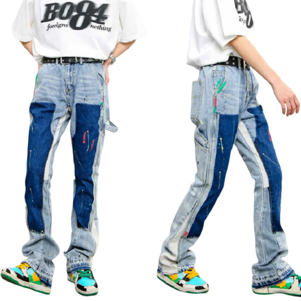 Punk Style Ink Sprayed Flared Jeans Male Streetwear Denim Trousers Open Hem Male's Baggy Pants