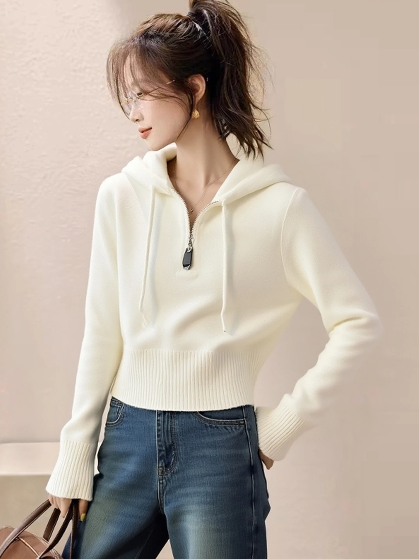 

Модный повседневный вязаный свитер с длинными рукавами и капюшоном, однотонный, прямого кроя, тонкий, женский, зимний, 2025 года