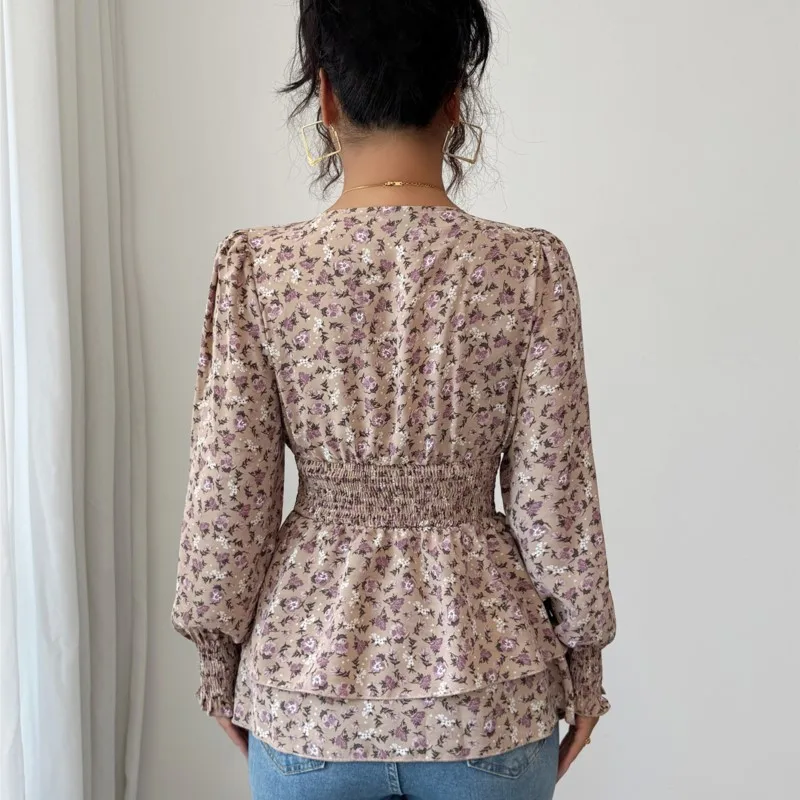 Elegance Women's Shirt Spring And Autumn Slim Flower Print Corset V-neck Puffed Sleeves Ladies Top Fresh Sweet Office Lady Tops