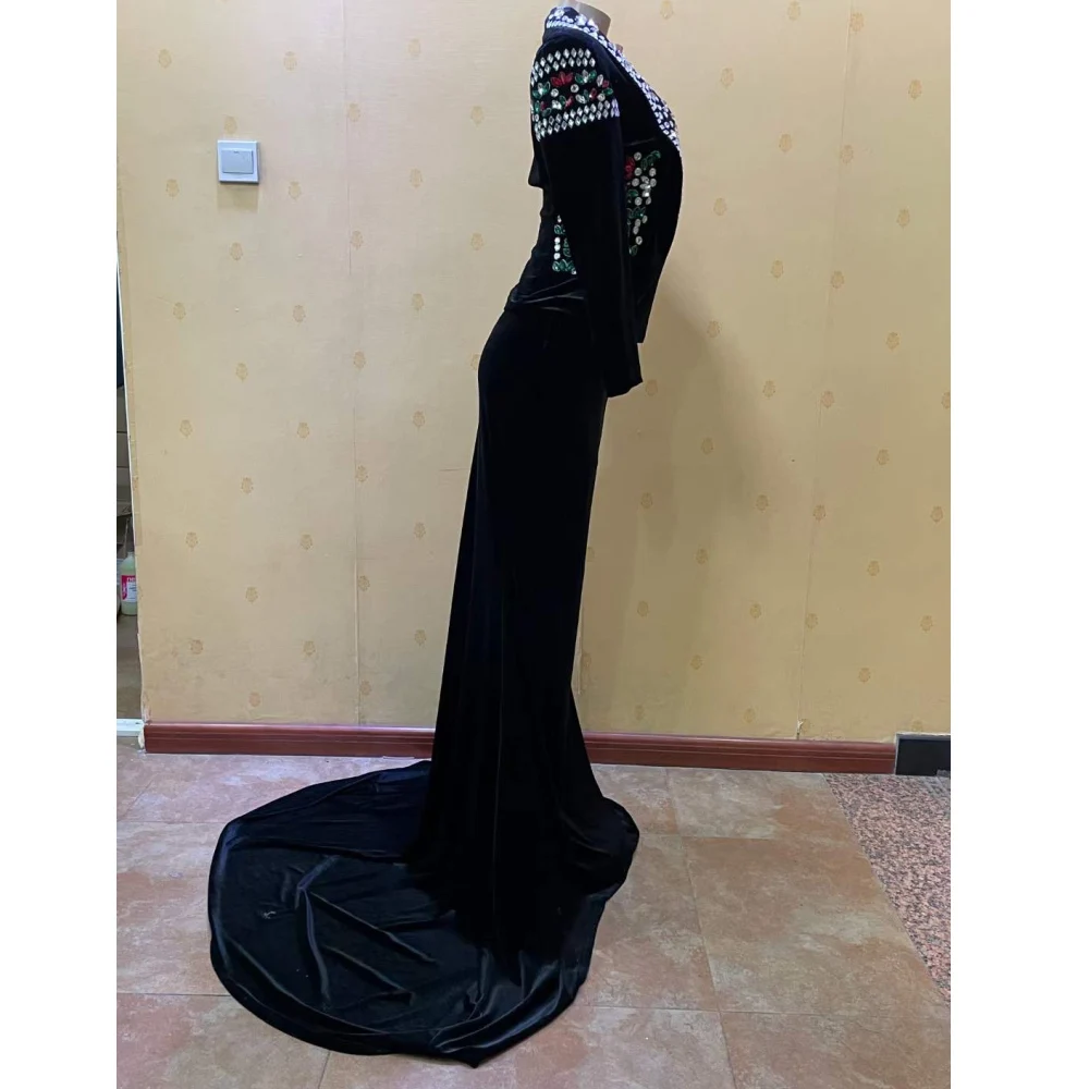 Robe longue noire à col en V profond en velours fz pour femmes, cristal brillant, sexy, traînante, célébrité, vêtements élégants, tenue de soirée pour chanteur