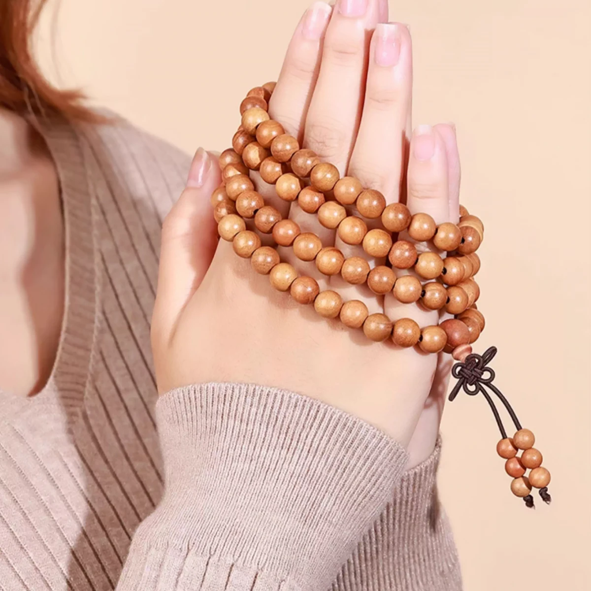 

Браслет Мала из натурального персикового дерева, 108 бусин, буддийские молитвенные бусы, защитный амулет, унисекс-подарок для мужчин и женщин