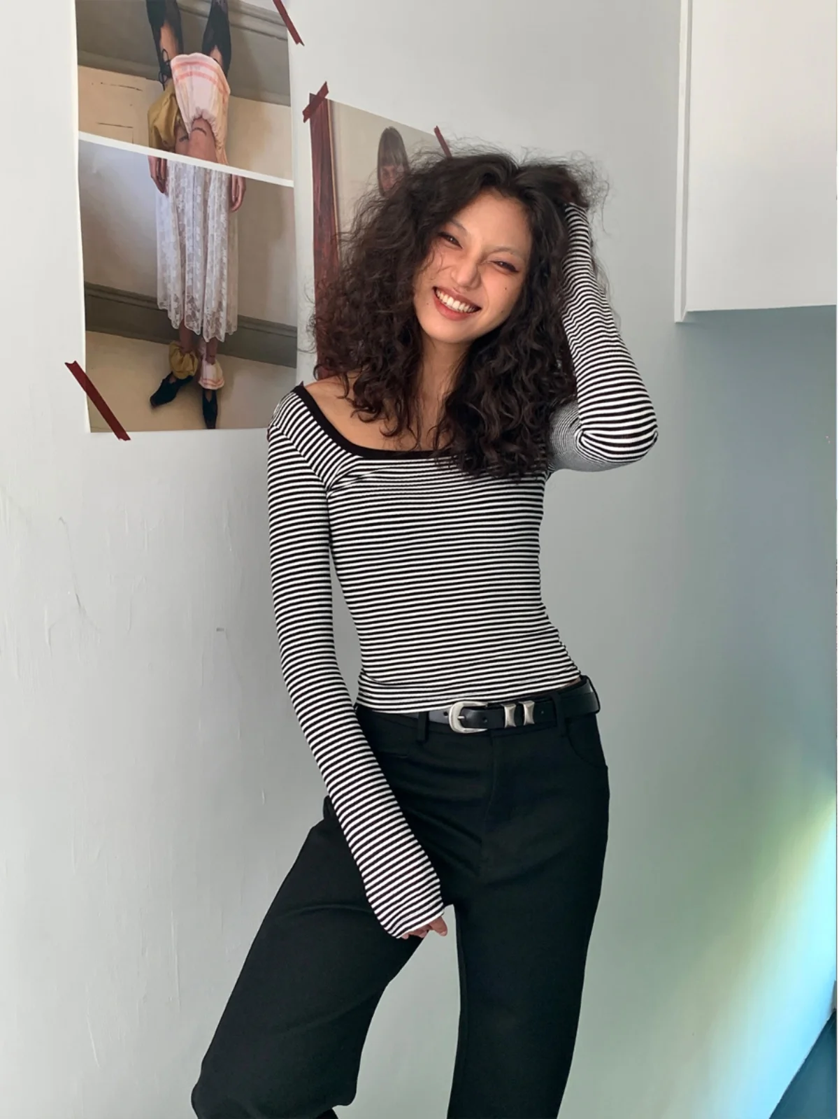 

Женская облегающая футболка Gogo Burn Bla Stripe Square Ne Long Sve T-shirt, базовый слой, американский стиль, раннее лето