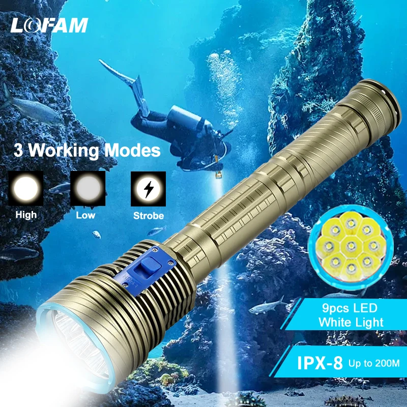 Underwater Flashlight - Dalış Feneri 9 adet LED Beyaz/Sarı