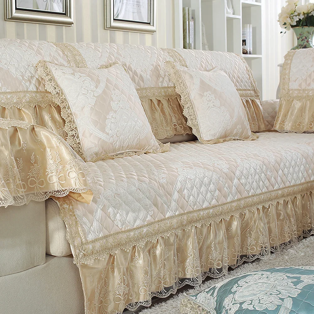 

Beige Luxury Cotton & Linen Sofa Cover Pillow Case High Quality Jacquard Lace Slipcover Sofa Towel Single Slip Suit Sofa Sets