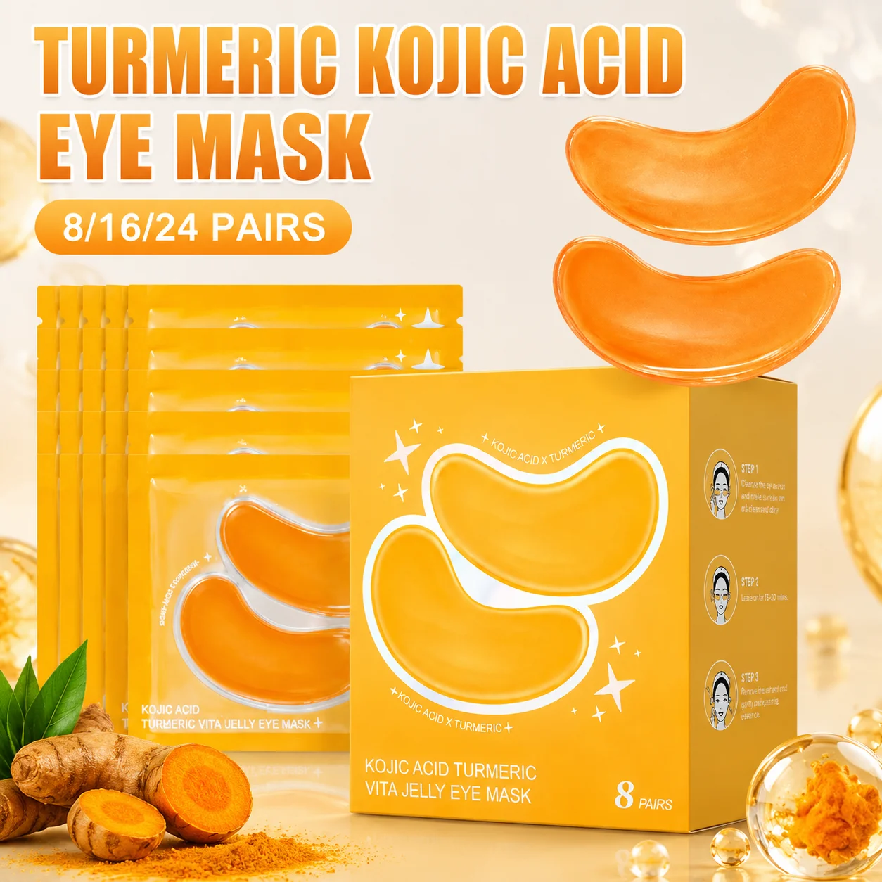 Turmeric Kojic Acid Eye Mask Hydrating Collagen Jelly Eye Patches Moisturizing Smooth Brightening Reduce Fine Lines Daily Care