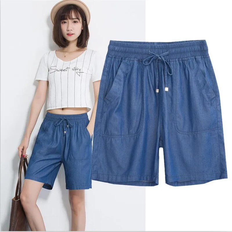 All-Match Women Shorts with Big Pockets Drawstring Denim Short Pants New Summer Loose Slim Short Trousers