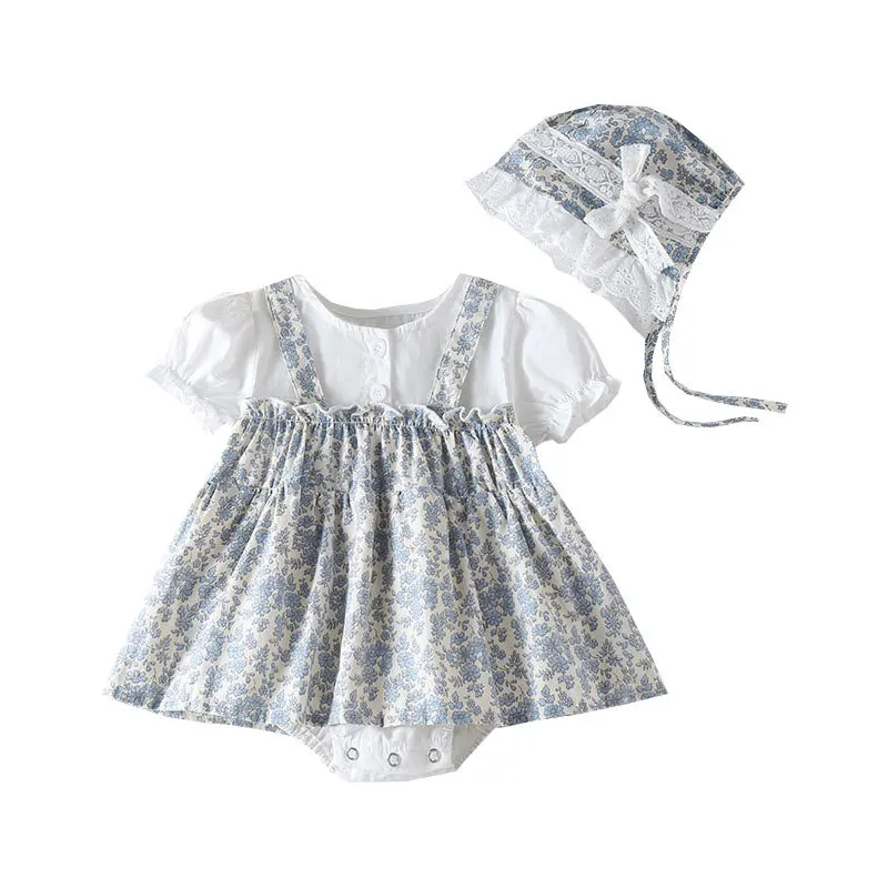 Summer New Baby set Dress Girl Baby Short Sleeve Dress with Headband Girl Flower Bubble Sleeve Clothes Sweet Bowknot Loose Cute