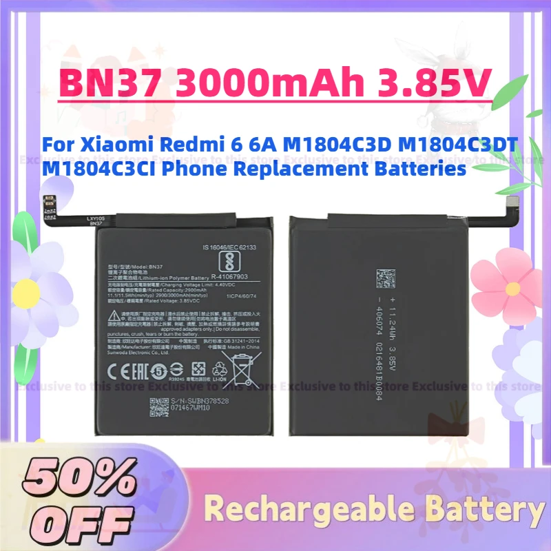 High-Performance New BN37 3000mAh 3.85V Battery for Xiaomi Redmi 6 6A M1804C3D M1804C3DT M1804C3CI Phone Replacement Batteries