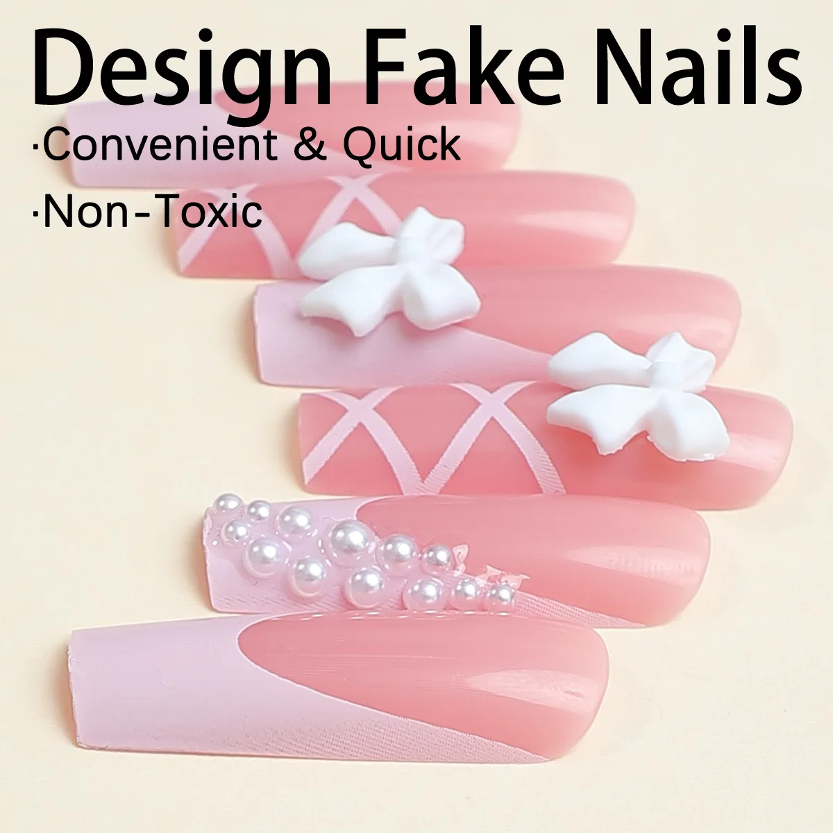 White Bow Decor Fake Nails Long Coffin Ballet False Nail Tips Full Cover Detachable French Pink Sweet Press on Nails for Women