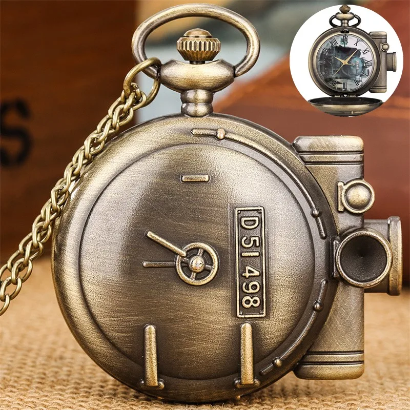 Vintage Steam Locomotive Pocket Watch Bronze Train Shaped Quartz Pocket Watch with Chain Roman Numeral Dial Collectible Gift