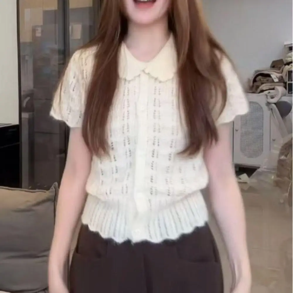 Openwork Texture Short Sleeve Knit Shirt Button Front Peter Pan Collar Knit Cardigan Cropped Style Women's T-shirt Daily Wear
