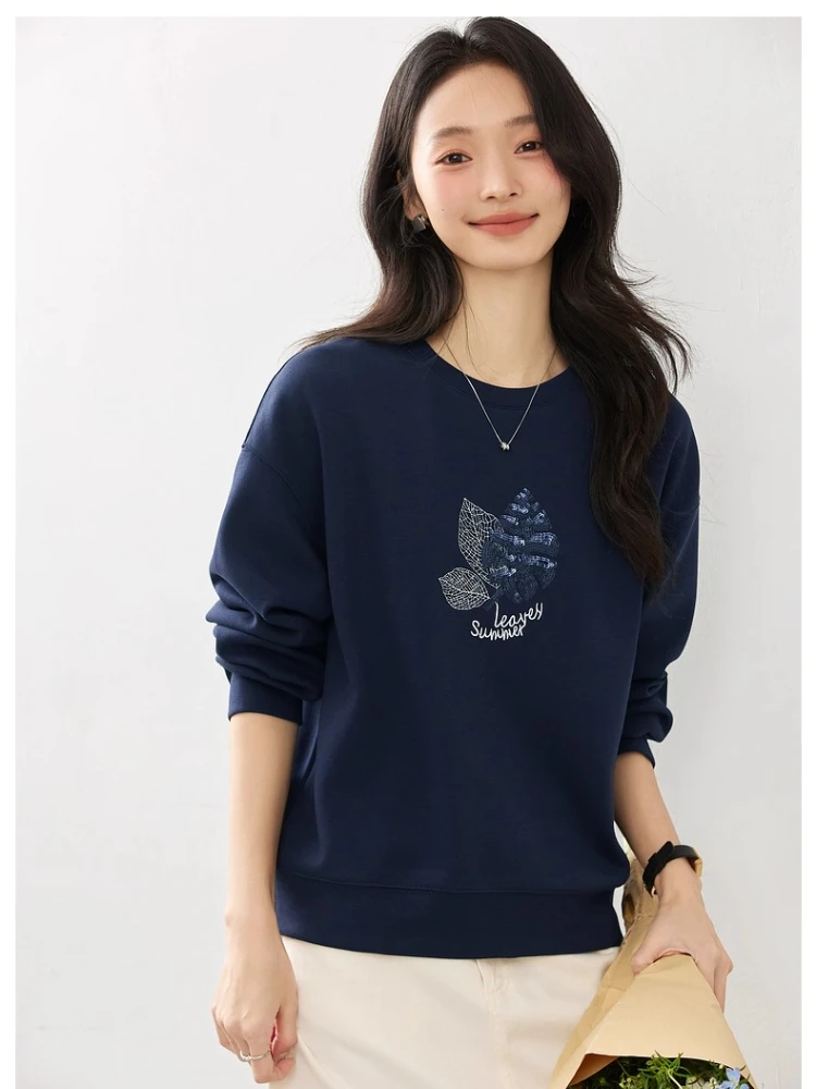 VIMLY Navy Blue Women's Sweatshirts 2025 Autumn Embroider Sequined Round Neck Sweatshirt Long Sleeve Knitted Ladies Tops A2156