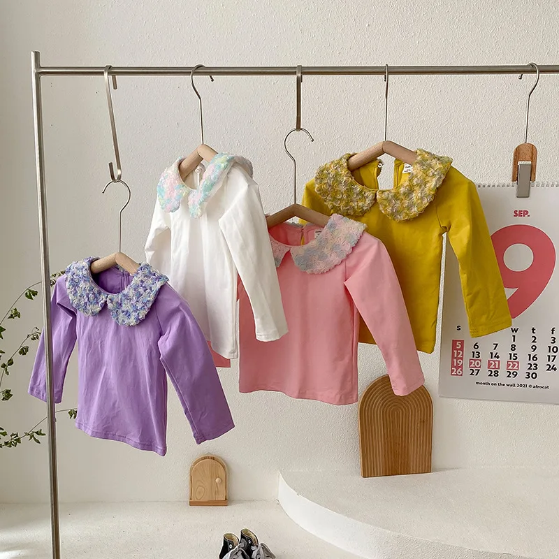 Korean Children's Clothing 2024 Autumn Collection Flower Doll Lapel Girls' T-shirt Sweet Children's Base Shirt Long Sleeved Top