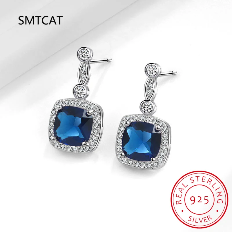 

Square Created Blue Sapphire 925 Sterling Silver Stud Earrings for Women Colorful Gemstone Fine Jewelry Boucle d'oreille