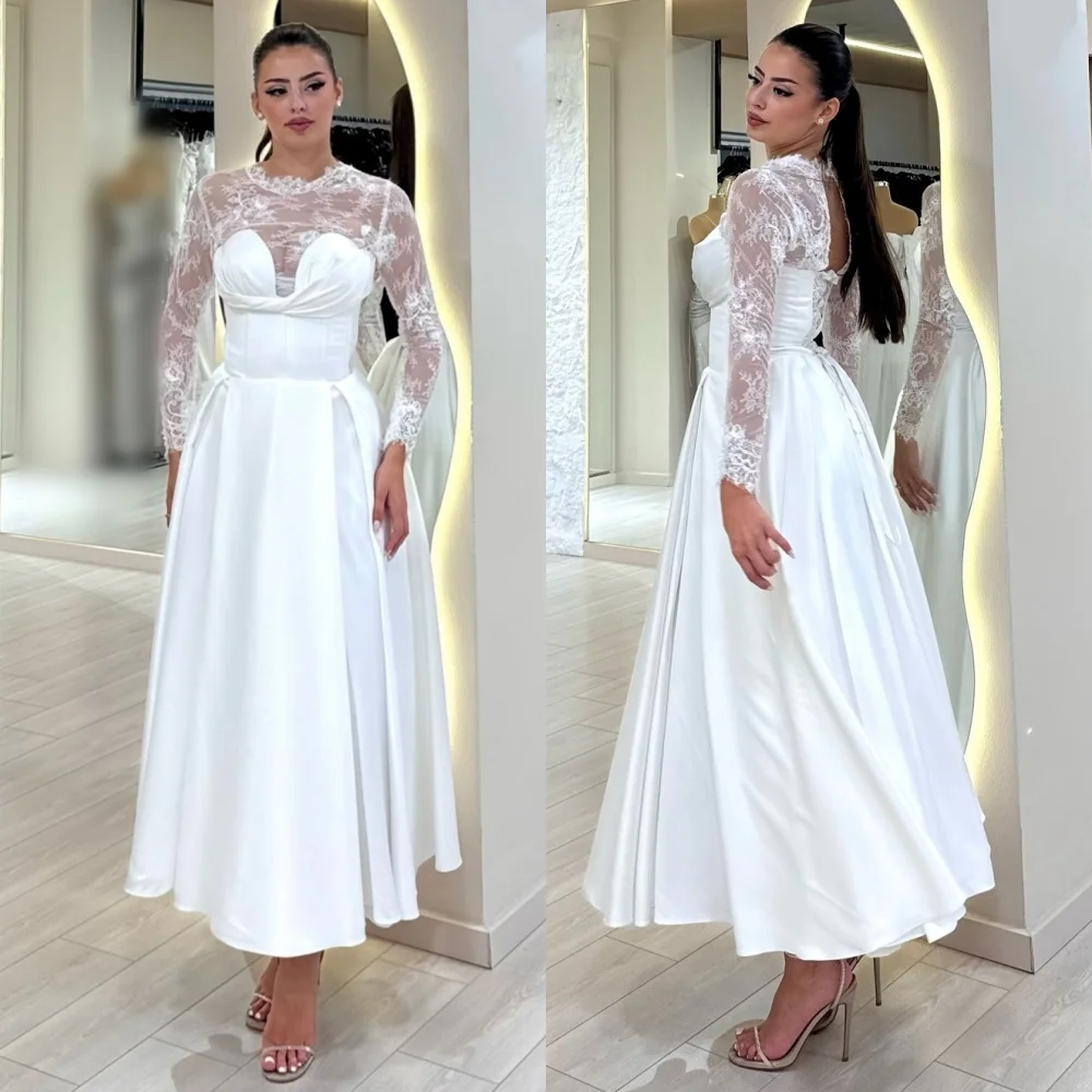 

Белые платья миди трапециевидной формы из кружева Charmeuse со складками и круглым вырезом на заказ, женские элегантные вечерние свадебные платья высокого качества