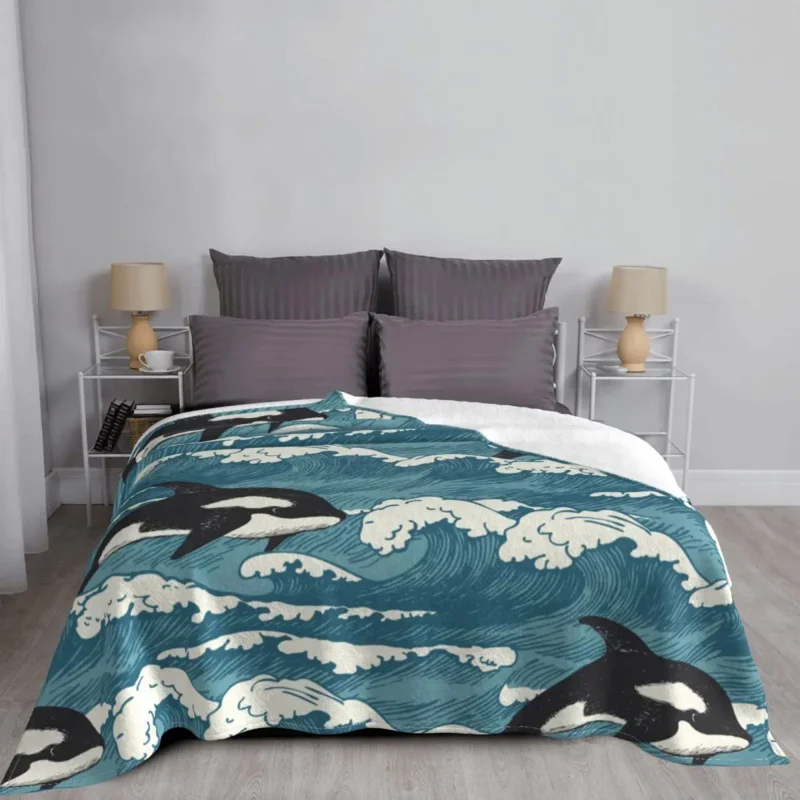 Waves And Sharks In Retro Style Fleece Winter Portable Lightweight Throw Blanket for Sofa Car Bedspreads