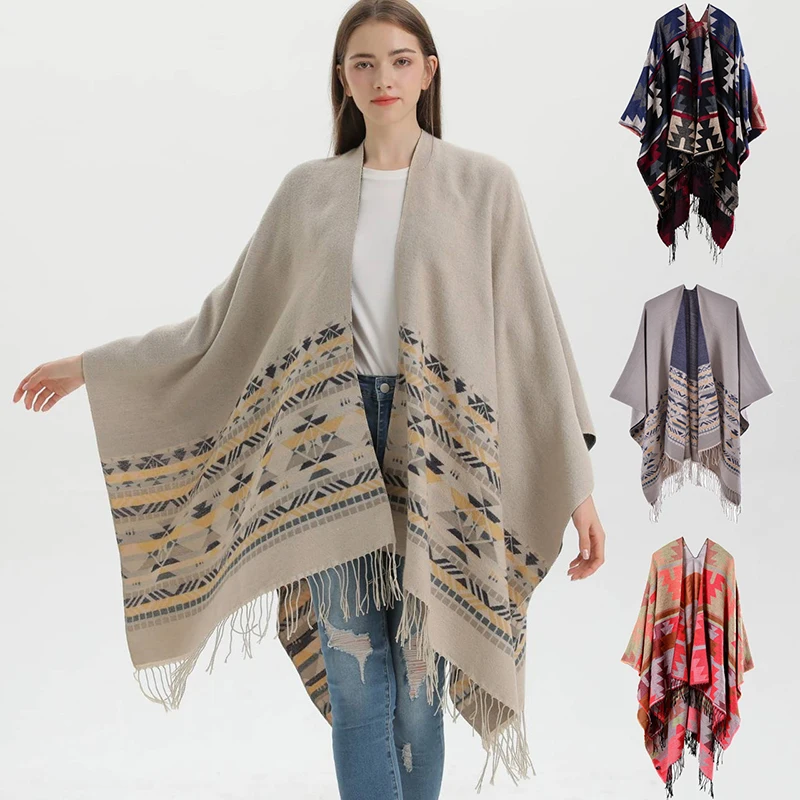 European American Popular Tassel Thickened Cashmere Like National Style Travel Shawl Scarf Autumu Winter Defying Cold Shawls