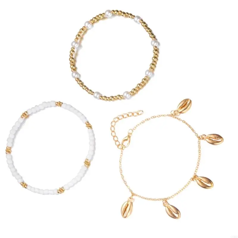 CORD Layering Stackable Anklet For Women With Shell Beads Summer Beach Jewelry Alloy Faux Pearls Seaside Accessory