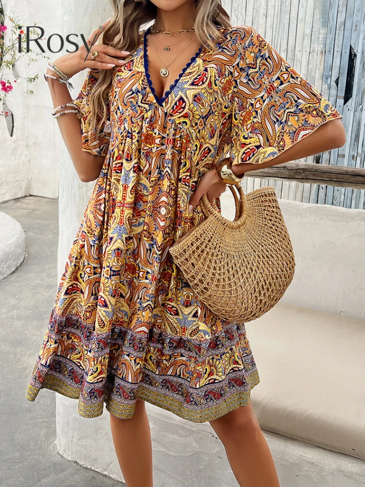 Women\'s Summer Paisley Print Cosy Boho Viscose Dress Casual Loose Short Sleeve Deep V Neck Bohemian Beach Vacation Dresses 2024