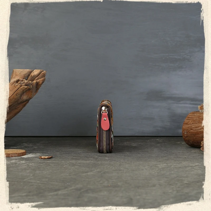 Lange damesportemonnee van echt leer, kleurrijk geweven, multi-positie ritszak, damesclutch met grote capaciteit