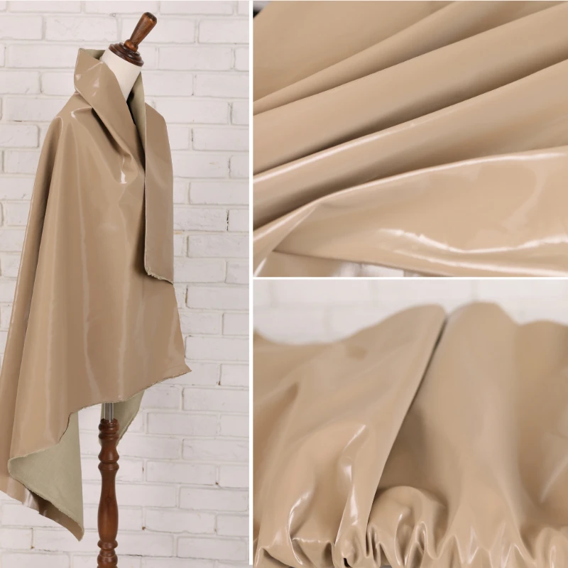 Coated PU Leather Fabric Light Camel Color Shiny Waterproof Jacket Bag Clothing Designer DIY for Sewing Material Wholesale Cloth