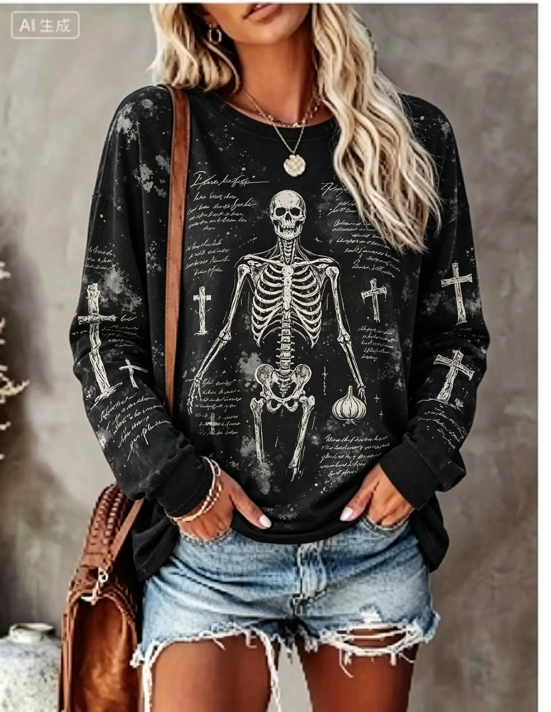 Women Halloween Long Sleeve T‑Shirt Werewolf Skeleton Vintage Newspaper Print Crew Neck Fall Casual Tops