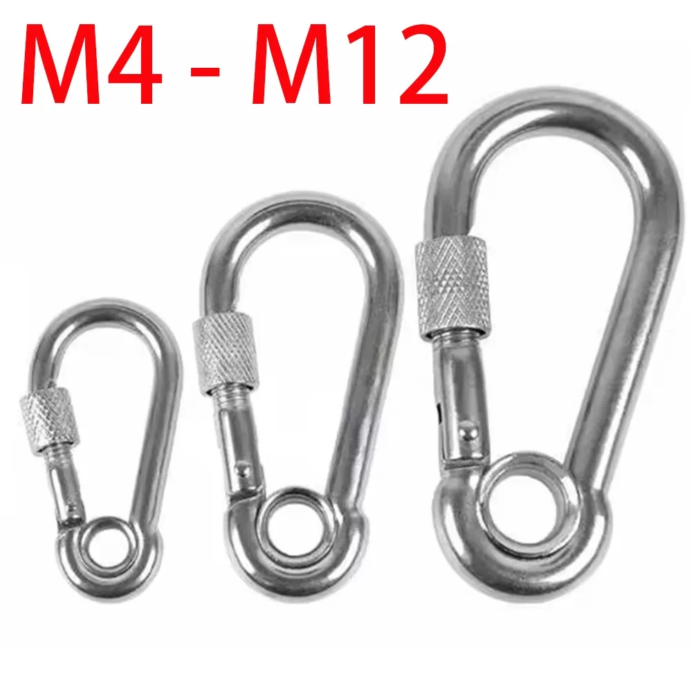 304 SS Eye Spring Snap Hook M4‑M12 With Safety Screw Nut Lock D‑Shape Quick Connect Clip Chain Hammock Key Ring Fastener