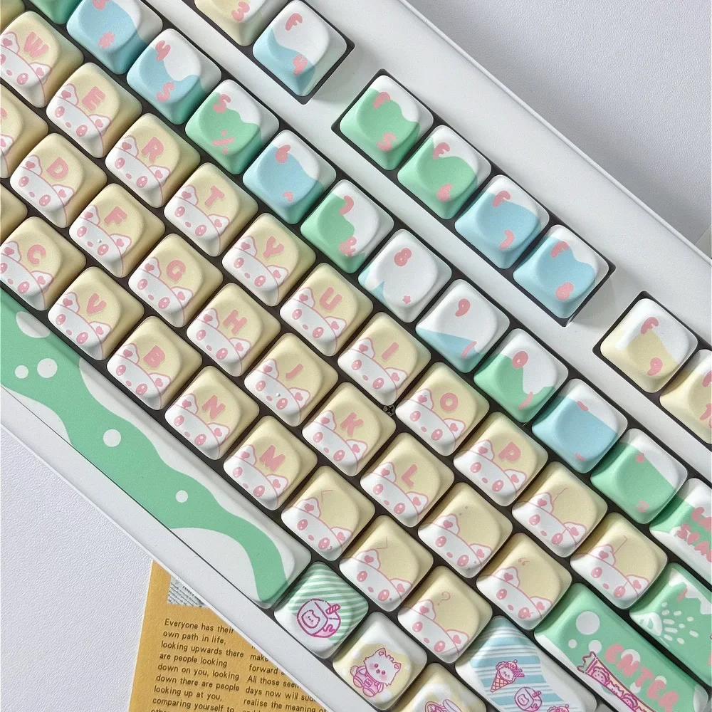 PBT keycaps 128 keys MOA height, strawberry milk cat keycaps, hot sublimation, for Cherry MX 104/87/61 mechanical keyboard