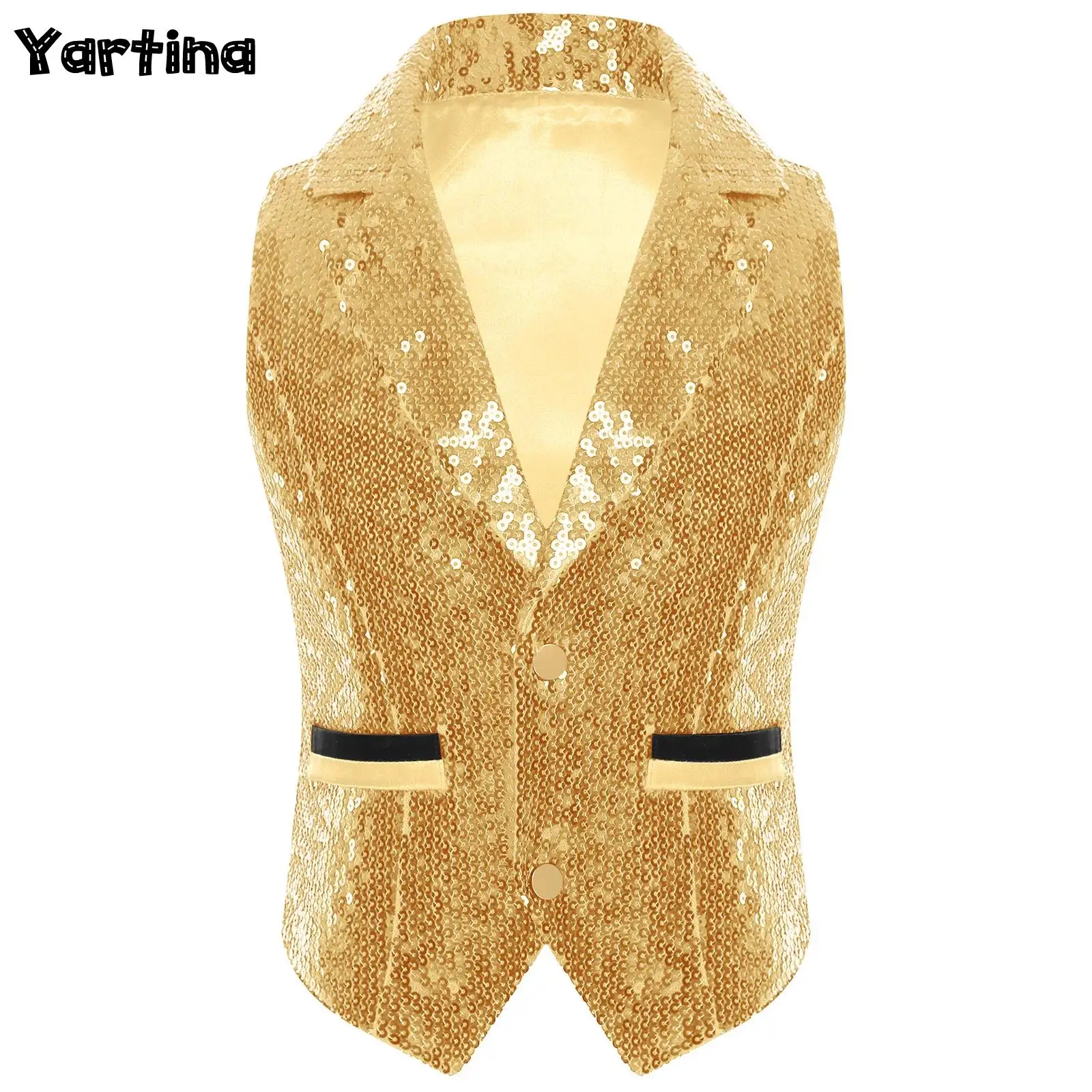 

Детский блестящий жилет для мальчиков, костюм для выступлений в стиле хип-хоп и джаз, на пуговицах, полностью расшитый пайетками, с подкладкой, безрукавка