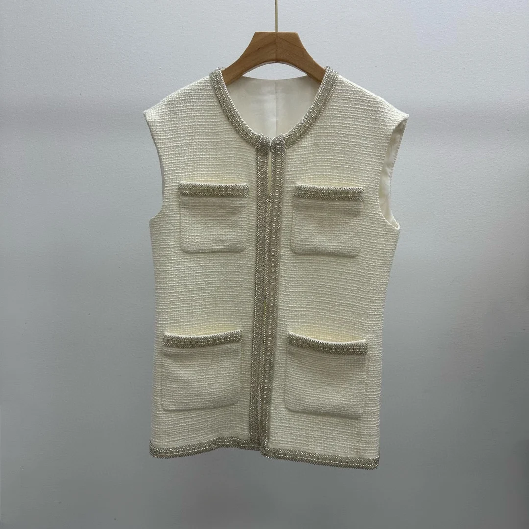 2024 Autumn/Winter New Women's Clothing White wool nail bead decoration vest 1011