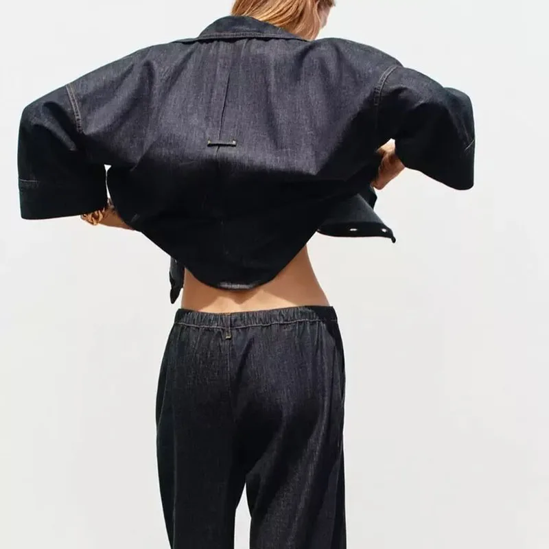 New Autumn Women's Denim irt Casual Jeans Set Long Sve Turn-down Collar Two-piece Suite for Adults Suitable for Fall