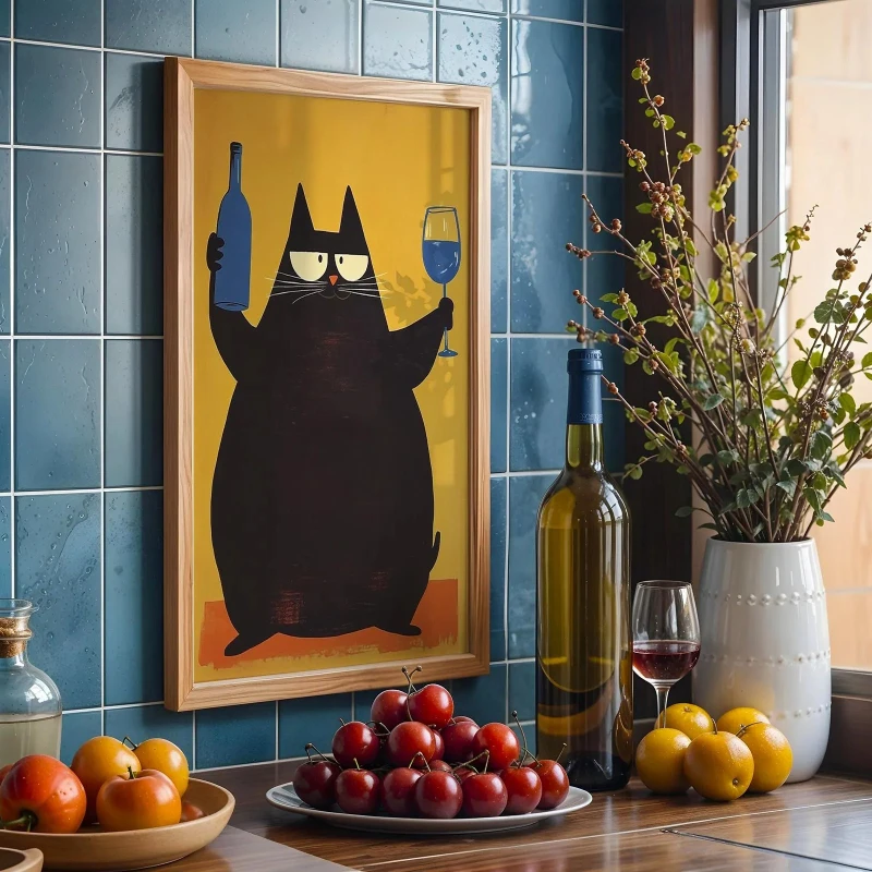 شيك القط المشارك الرجعية عربة بار ديكور منتصف القرن الحديثة الفن طباعة النبيذ طباعة الرجعية ديكور المطبخ العصرية جدار الفن هتاف طباعة